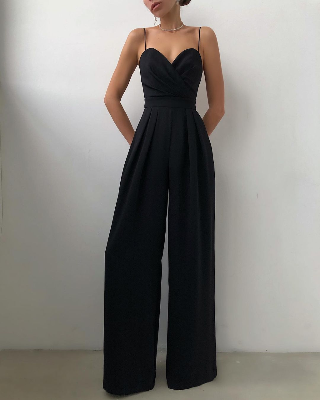 Women's Satin High-Waist Jumpsuit with Pleated Wide Leg