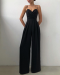 Women's Satin High-Waist Jumpsuit with Pleated Wide Leg