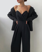 Women's Satin High-Waist Jumpsuit with Pleated Wide Leg