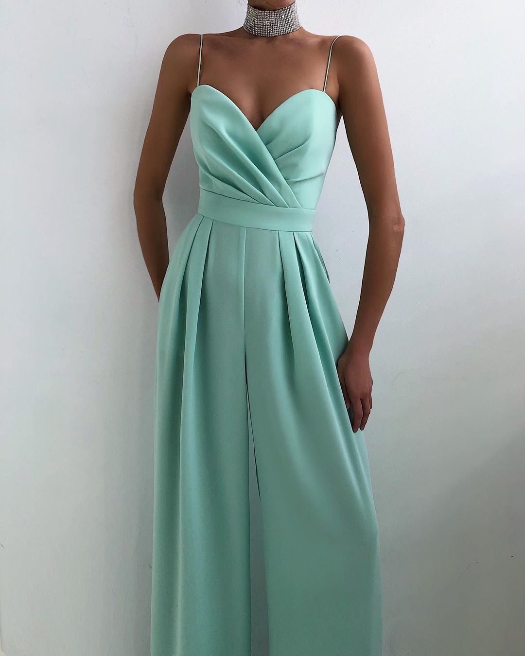 Women's Satin High-Waist Jumpsuit with Pleated Wide Leg