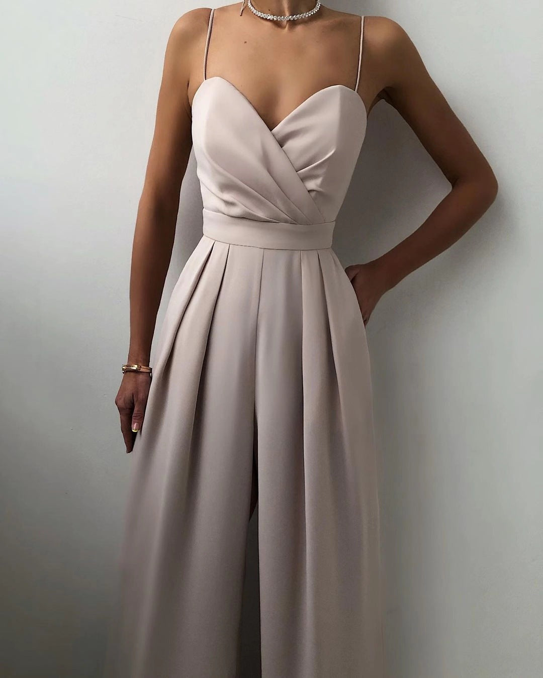 Women's Satin High-Waist Jumpsuit with Pleated Wide Leg