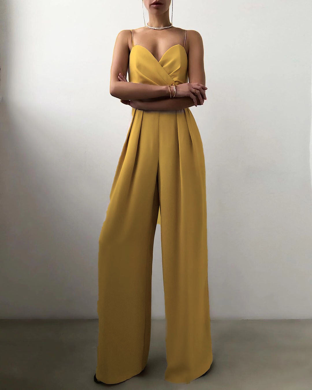 Women's Satin High-Waist Jumpsuit with Pleated Wide Leg