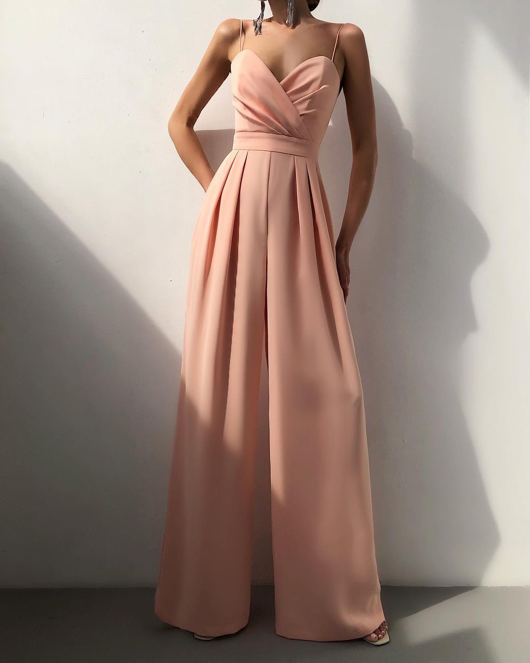 Women's Satin High-Waist Jumpsuit with Pleated Wide Leg