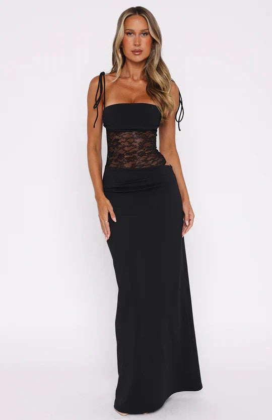 Women's Satin Lace Maxi Dress with Tie Straps