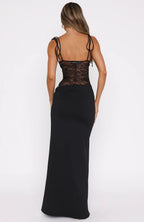 Women's Satin Lace Maxi Dress with Tie Straps