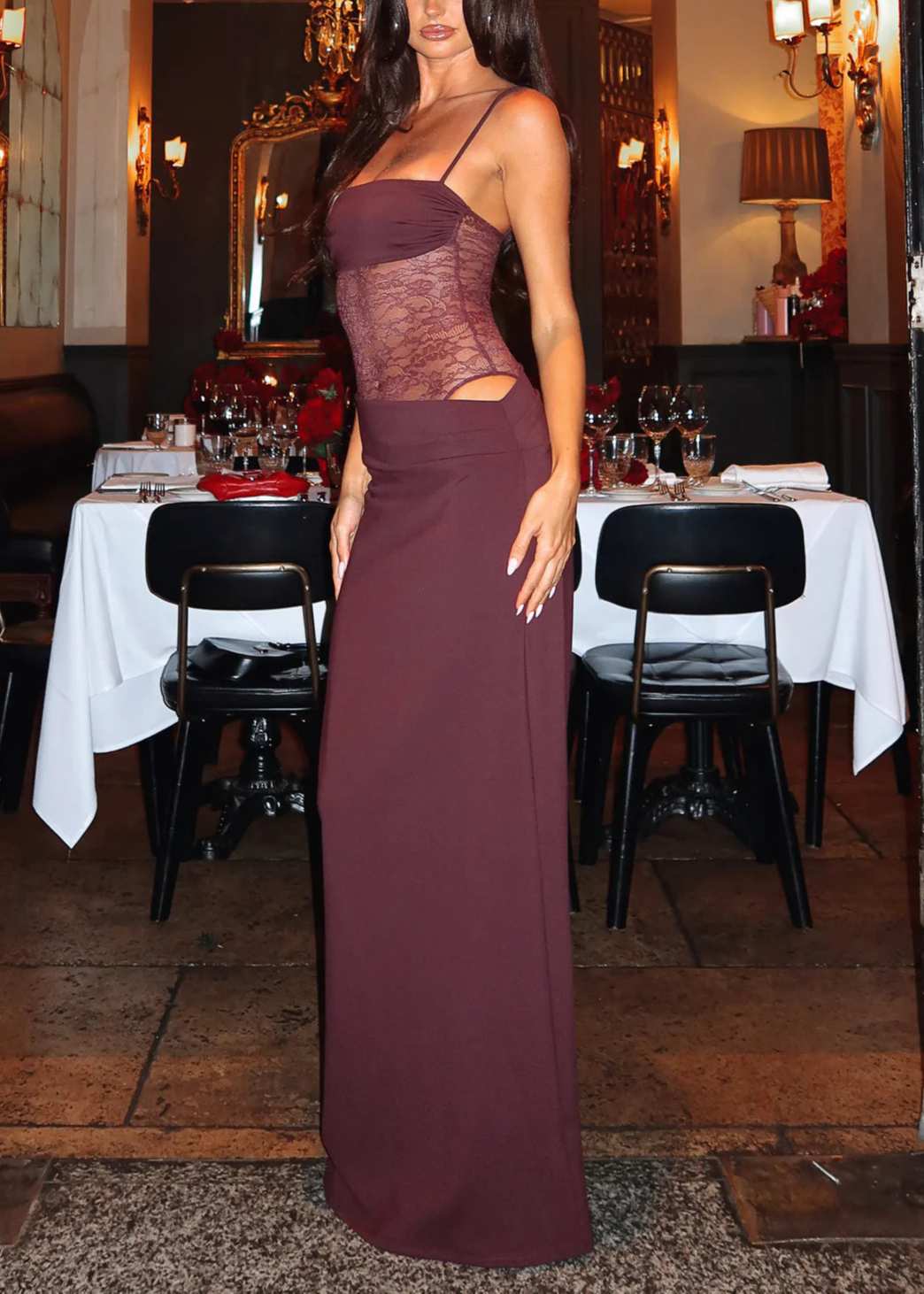 Women's Satin Lace Maxi Dress with Tie Straps