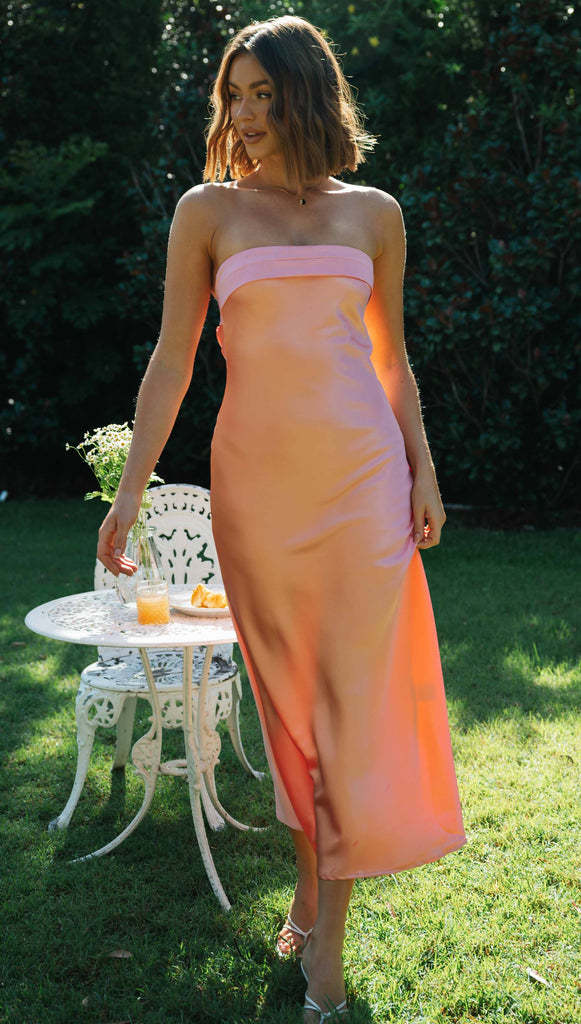 Women's Satin Party Maxi Dress with Strapless Gradient Design