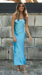 Women's Satin Party Maxi Dress with Strapless Gradient Design