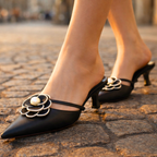 Women's Satin Pointed Toe Heels with Floral Appliqué