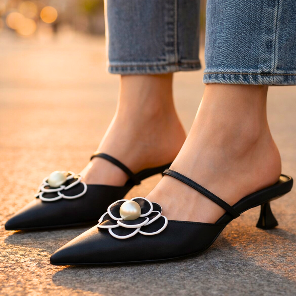 Women's Satin Pointed Toe Heels with Floral Appliqué