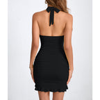 Women's Satin Ruched Mini Dress with Halter V-Neck
