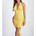 Women's Satin Ruched Mini Dress with Halter V-Neck