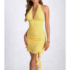 Women's Satin Ruched Mini Dress with Halter V-Neck