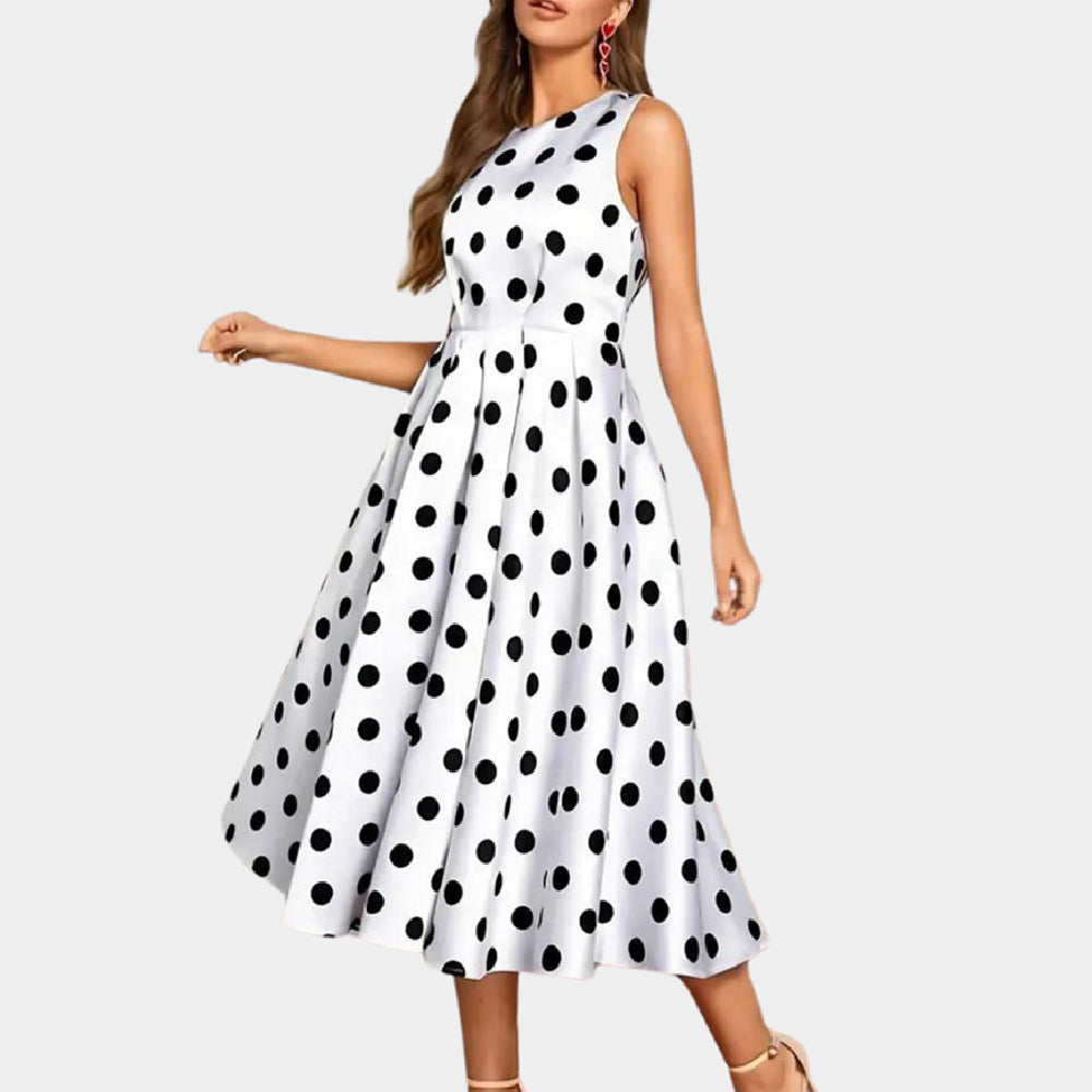 Women's Sleeveless Satin Polka Dot A-Line Midi Dress with Round Neck