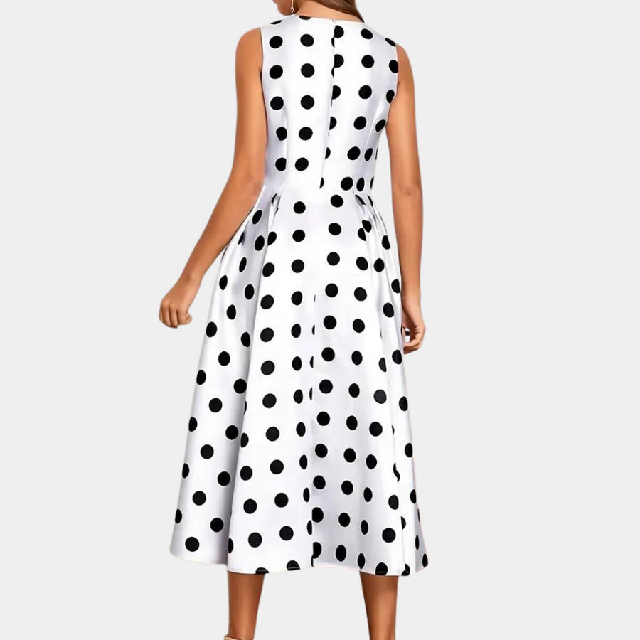 Women's Sleeveless Satin Polka Dot A-Line Midi Dress with Round Neck