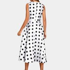Women's Sleeveless Satin Polka Dot A-Line Midi Dress with Round Neck