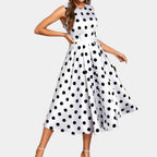 Women's Sleeveless Satin Polka Dot A-Line Midi Dress with Round Neck