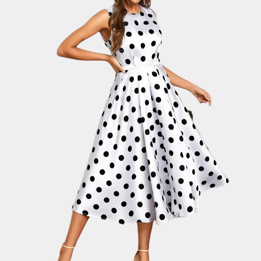 Women's Sleeveless Satin Polka Dot A-Line Midi Dress with Round Neck