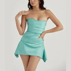 Women's Soft Pink Satin Strapless Mini Dress with Draped Bodice