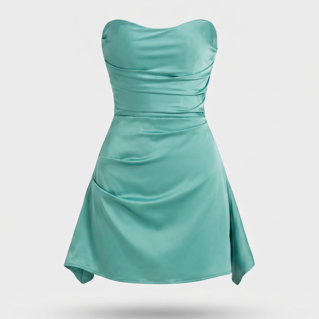 Women's Soft Pink Satin Strapless Mini Dress with Draped Bodice
