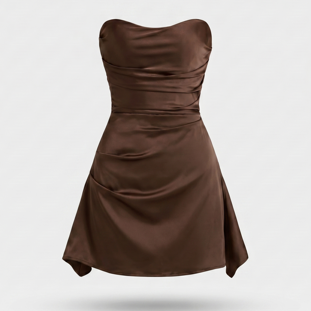Women's Soft Pink Satin Strapless Mini Dress with Draped Bodice