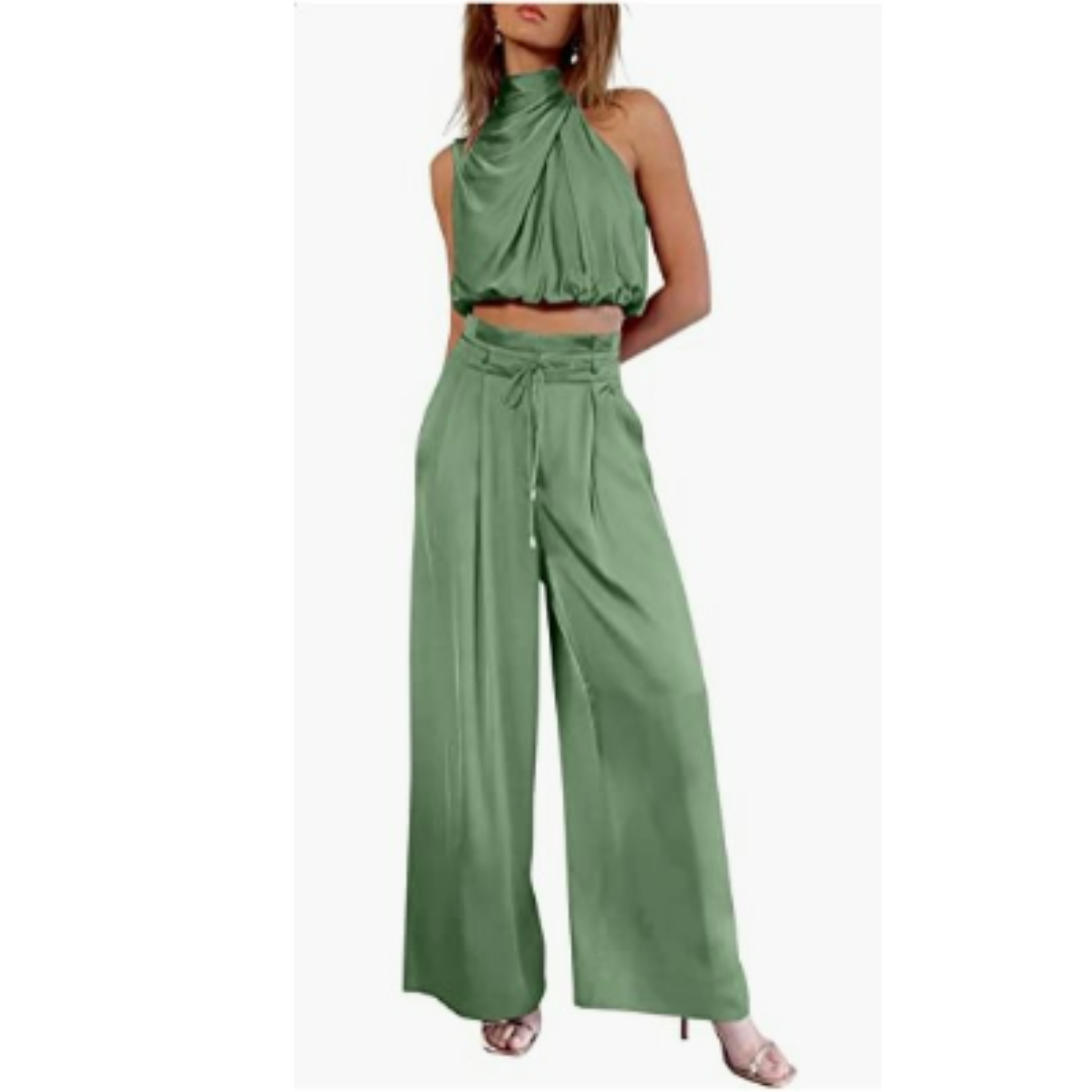 Women's Satin Wide-Leg Jumpsuit with Cowl Neck