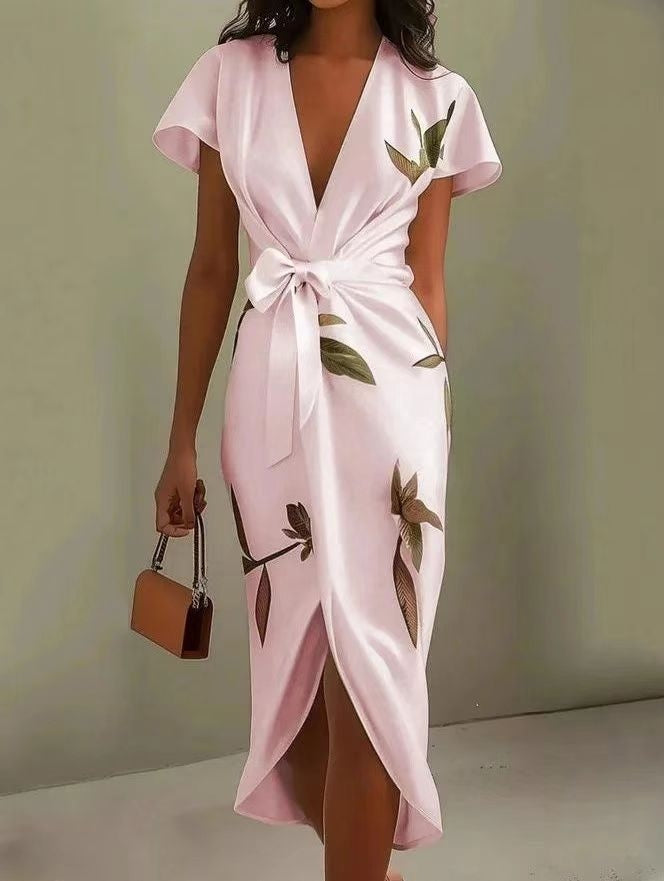 Women's Satin Wrap Midi Dress with Leaf Print