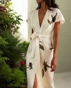 Women's Satin Wrap Midi Dress with Leaf Print
