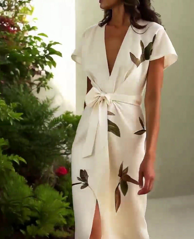 Women's Satin Wrap Midi Dress with Leaf Print