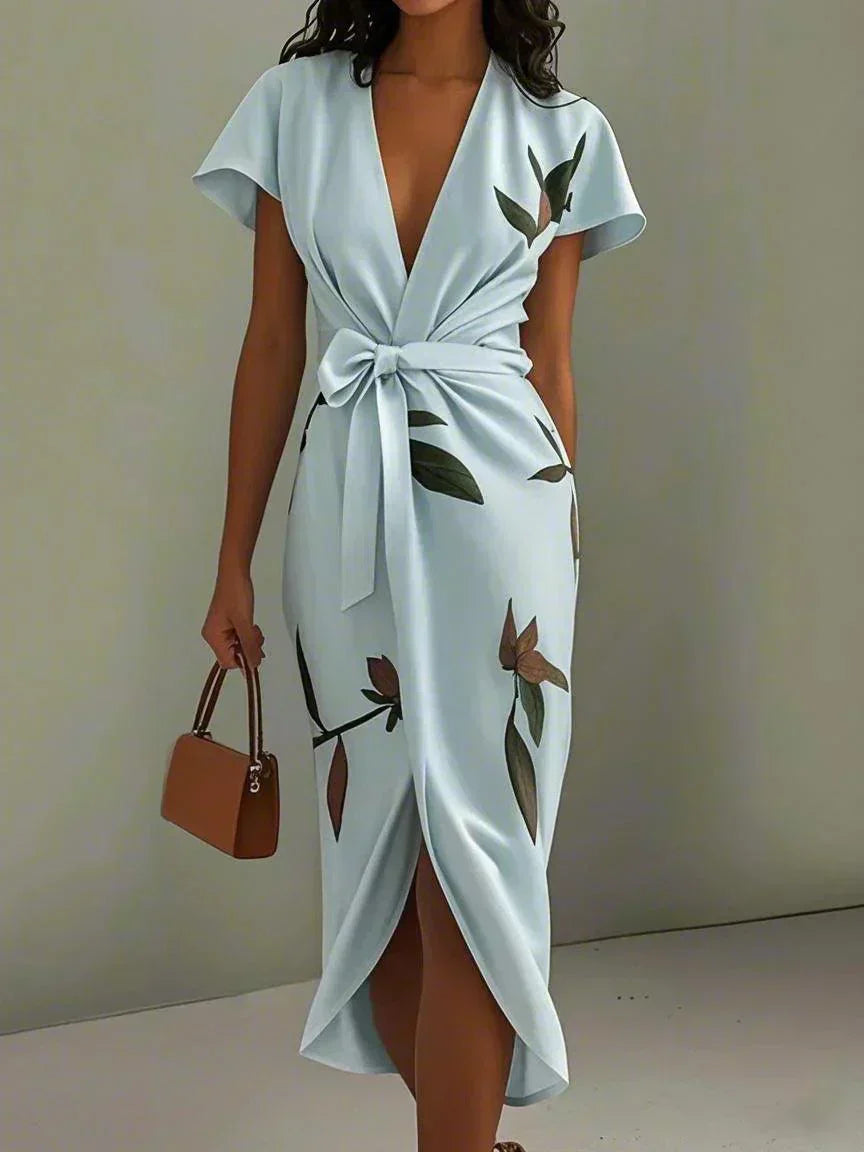Women's Satin Wrap Midi Dress with Leaf Print