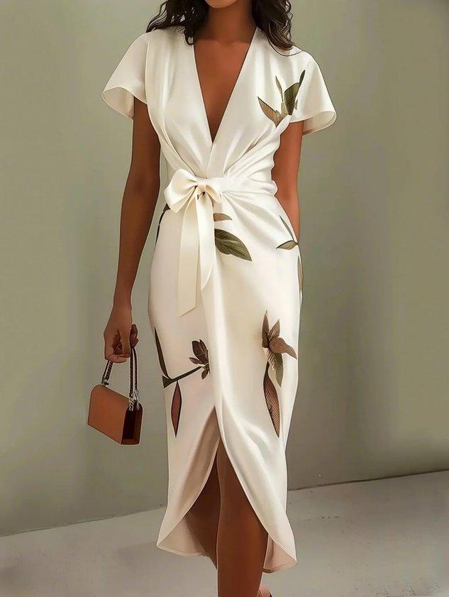 Women's Satin Wrap Midi Dress with Leaf Print