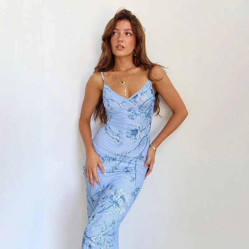 Blue Sleeveless Maxi Dress with Fixed Straps