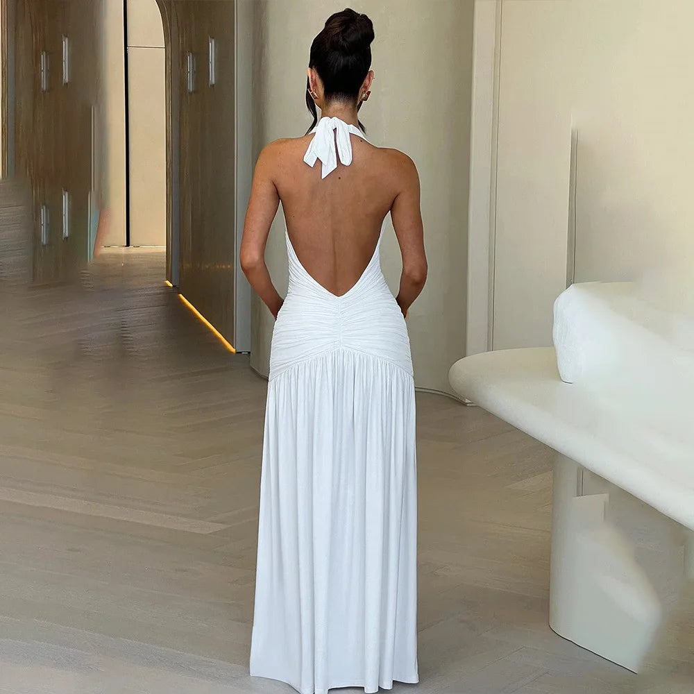 White Maxi Dress – Halter Neck – Ruched Bodice – Side Split – Women’s Evening Style