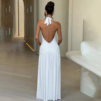 White Maxi Dress – Halter Neck – Ruched Bodice – Side Split – Women’s Evening Style