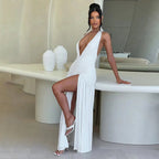 White Maxi Dress – Halter Neck – Ruched Bodice – Side Split – Women’s Evening Style