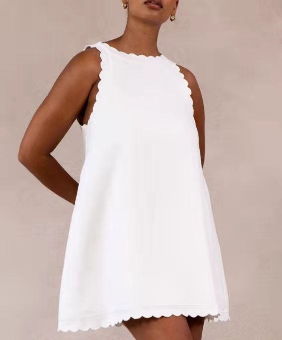 Women's Sleeveless Mini Dress with Scalloped Trim
