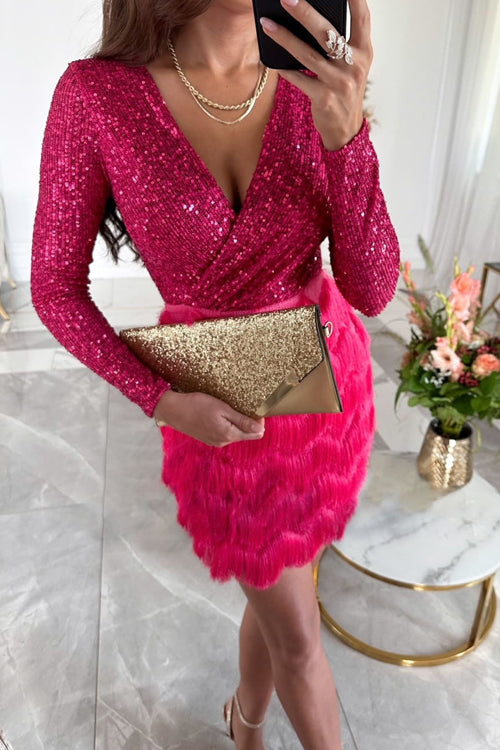 Women's Sequin Mini Dress with Tiered Fringe