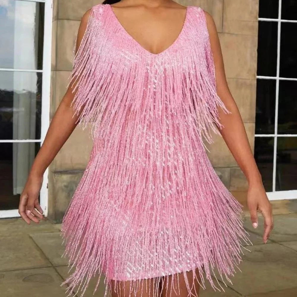 Women's Sequin Fringe Mini Dress with V-Neck