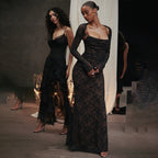 Women's Sheer Floral Lace Maxi Dress with Corset-Style Bodice