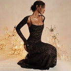 Women's Sheer Floral Lace Maxi Dress with Corset-Style Bodice
