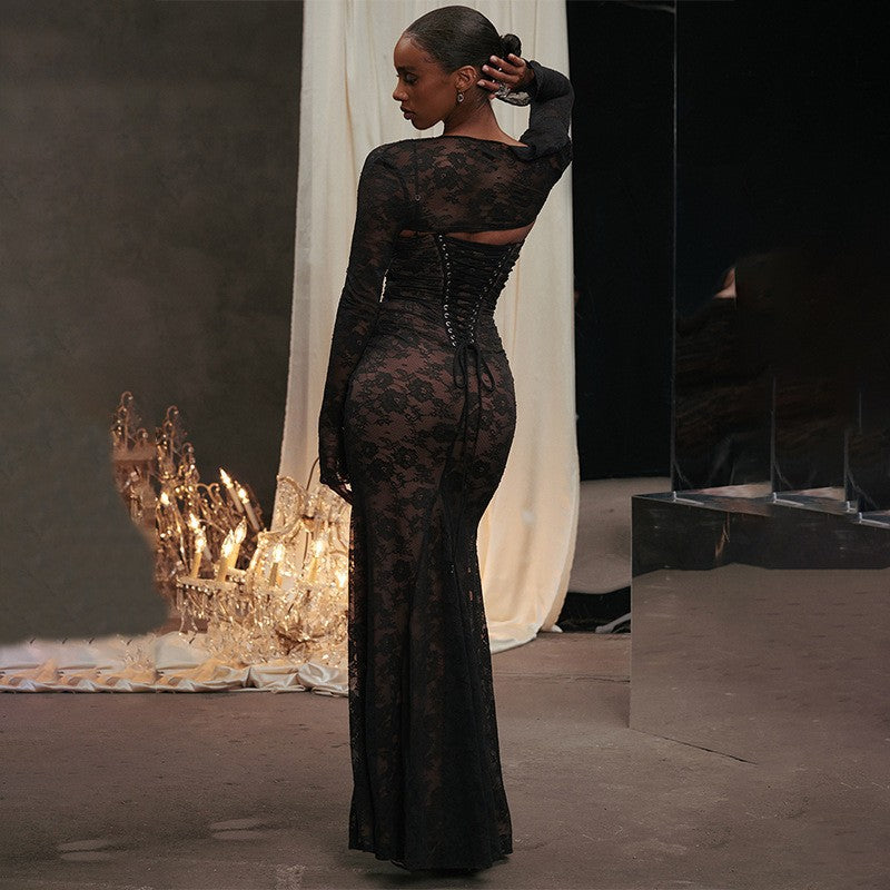 Women's Sheer Floral Lace Maxi Dress with Corset-Style Bodice