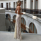 Women's Sheer Floral Lace Maxi Dress with Corset-Style Bodice