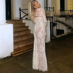 Women's Sheer Floral Lace Maxi Dress with Corset-Style Bodice