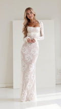 Women's Sheer Floral Lace Maxi Dress with Corset-Style Bodice