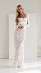 Women's Sheer Floral Lace Maxi Dress with Corset-Style Bodice