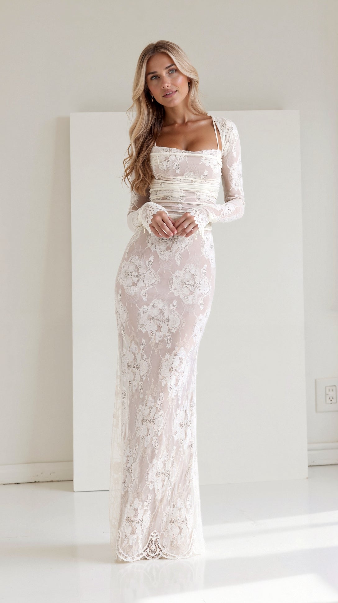 Women's Sheer Floral Lace Maxi Dress with Corset-Style Bodice