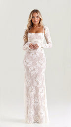 Women's Sheer Floral Lace Maxi Dress with Corset-Style Bodice