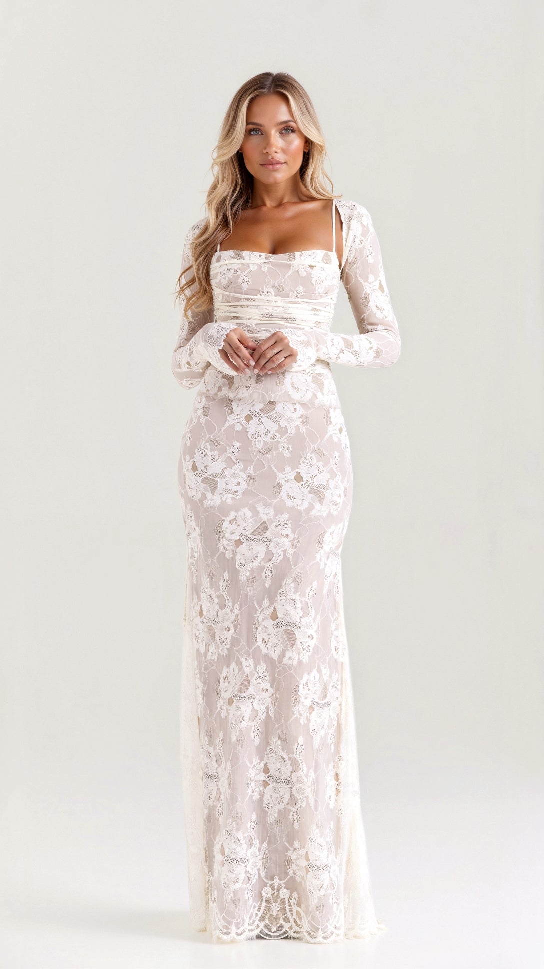 Women's Sheer Floral Lace Maxi Dress with Corset-Style Bodice