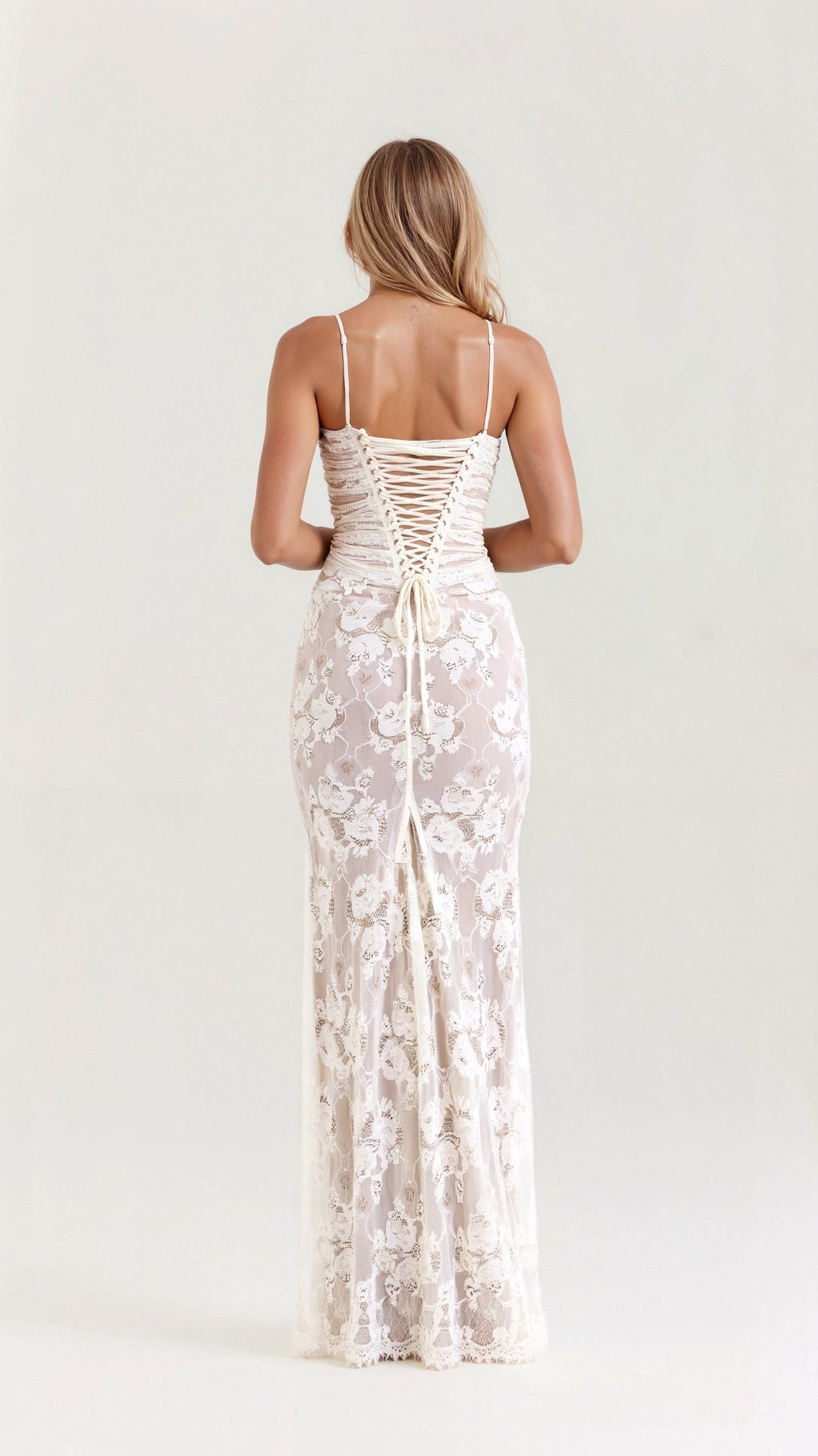 Women's Sheer Floral Lace Maxi Dress with Corset-Style Bodice