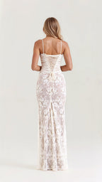 Women's Sheer Floral Lace Maxi Dress with Corset-Style Bodice